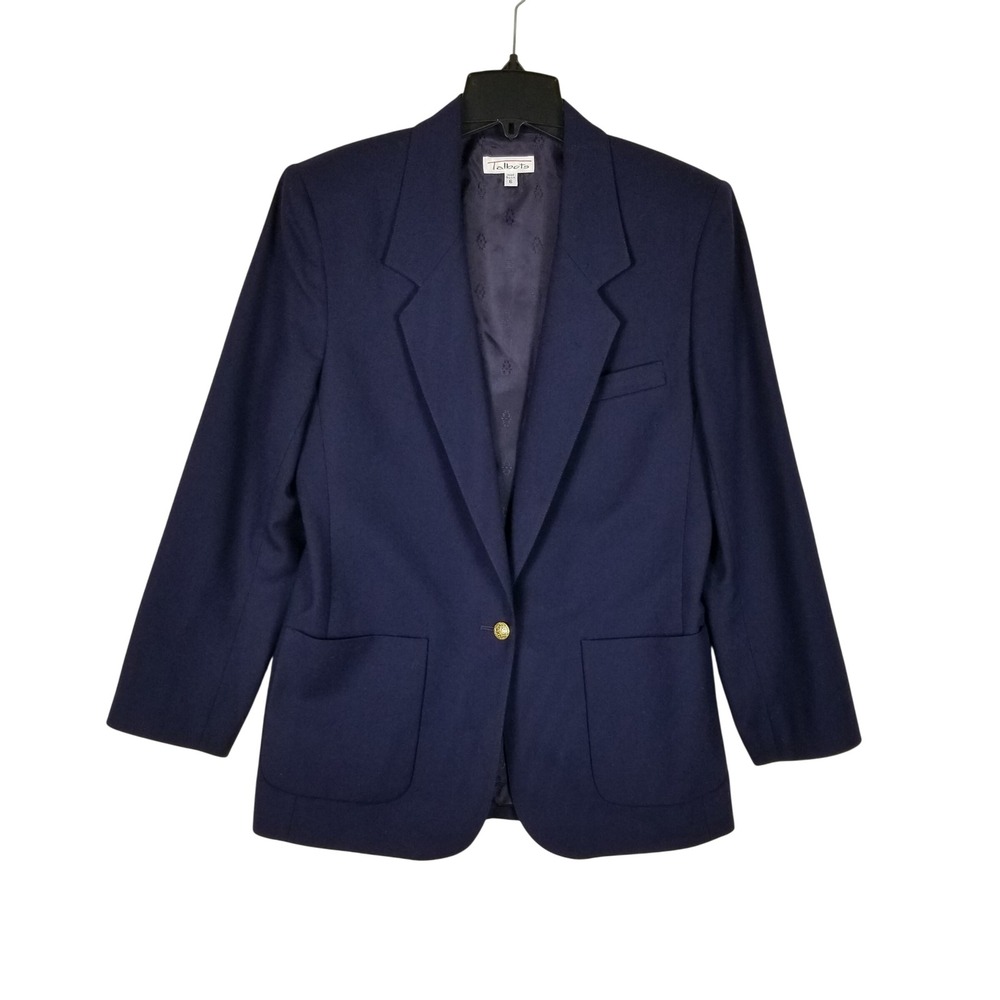 Talbots Blazer Women 6 Navy Blue Worsted Wool Gold Crest Button Vintage USA